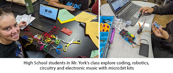 Two side by side images showing students working on laptops connected to micro:bit electronics circuitry sets