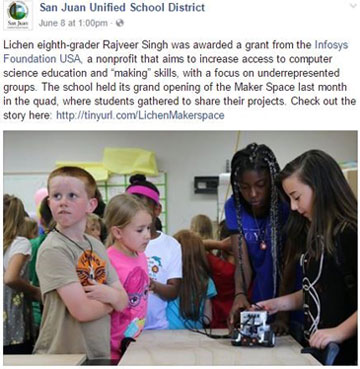 Image shows a post on Twitter from the San Juan United School District talking about a student receiving a grant from the Infosys Foundation USA
