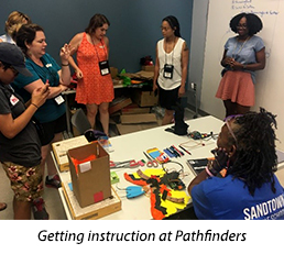 6 teachers stand around a table getting instruction for pathfinders