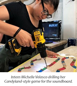 Intern Michelle Velasco drilling her Candyland-style game for the soundboard.