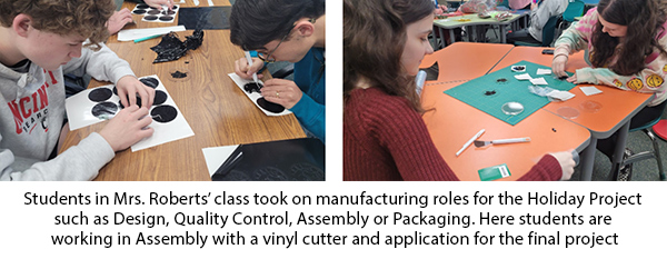 Two side by side images of students working on a table with vinyl decals, cutters and tools for their holiday project