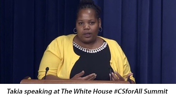Picture of Takia speaking at The White House #CSforAll Summit