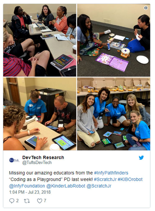 Screenshot of LinkedIn post of Dev Tech Research with picture and caption that reads @TuftsDevTech Missing our amazing educators from the #InfyPathfinders 'Coding as a Playground' PD last week! #ScratchJr #KIBOrobot @InfyFoundation @KinderLabRobot @ScratchJr