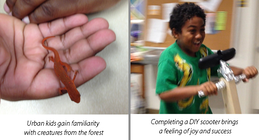 Urban kids get familiar with creatures from the forest. (l) Completing a DIY scooter brings, Urban kids gain familiarity a feeling of joy and success with creatures from the forest ®