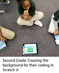3 second grade girl students sitting cross legged on the floor with their tablets creating the background for their coding in Scratch Jr.