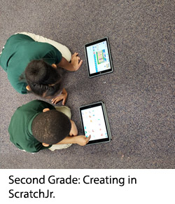 2 second grade boy students sitting on the floor hunched over their tablets creating in scratch jr.