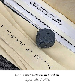 Game instructions in English, Spanish, Braille.