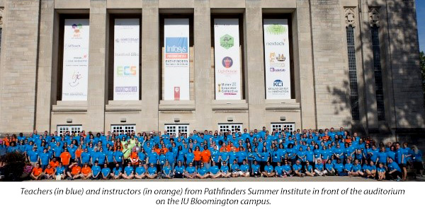 Teachers (in blue) and instructors (in orange) from Pathfinders Summer Institute in front of the auditorium on the IU Bloomington campus.