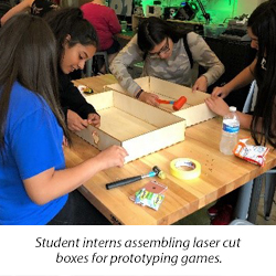 Student interns assembling laser cut boxes for prototyping games.