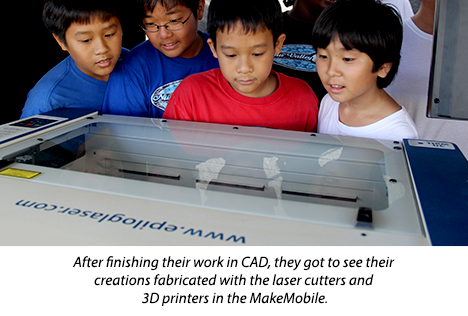 Image shows 4 young boys looking into the compartment of a laser cutter