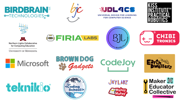Collage of logos of computer science and maker ed curriculum providers that are offering courses in PSI 2024: (from left to right) BirdBrain,BJC, UDL4CS, KIPR , University of Minnesota, Firia Labs, BJL, CHIBItronics, Microsoft, Browndog Gadgets, Codejoy, Earthdwellers, technikio, The Coding School, JoyLabz, Maker Educator Collective.
