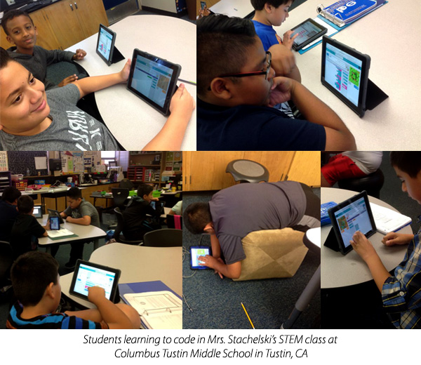 There are 5 images in a collage: (from left to right.) In image 1,  2 students smiling at the camera learning to code. In image 2,  2 students looking at their tablet - one student is working on a coding a problem while the other student is thinking. In image 3, 5 students in the image hunched over their tablets tapping on their screens. In image 4, one student is laying on a couch learning with his tablet that is on the floor. In image 5, one student is tapping on the screen.