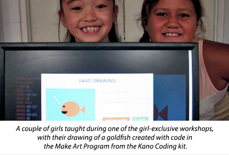 Image shows two young girls standing behing a computer screen, showing a picture of a goldfish they drew using code only