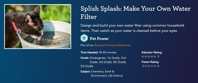 A screen capture lesson information for 'Splish Splash: Make Your Own Water Filter
