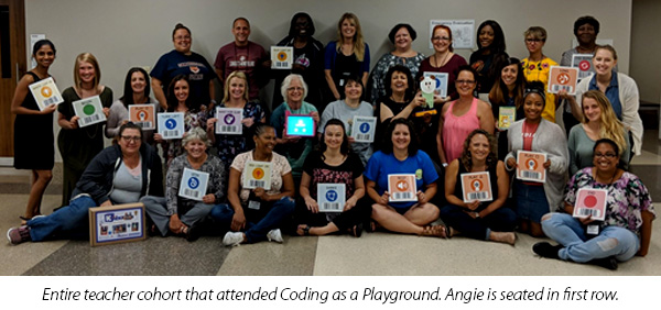 Entire teacher cohort that attended Coding as a Playground. Angie is seated in first row.