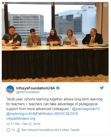 Screenshot of LinkedIN post of  Infosys Foundation USA captioned: 'Multi-year cohorts learning together allows long-term learning for teachers + teachers can take advantage of pedagogical support from more advanced colleagues.' @joannagoode13 @exploringcs #InfyPathfinders #SIGCSE2018 infypathfinders.org