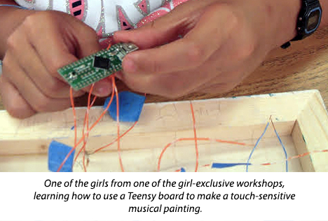 Image shows the hands of a girl as she attaches wiring into a Teensy board. A form of circuit board