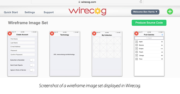 Image shows the 'Wirecog' website, used for creating wireframes of mobile applications